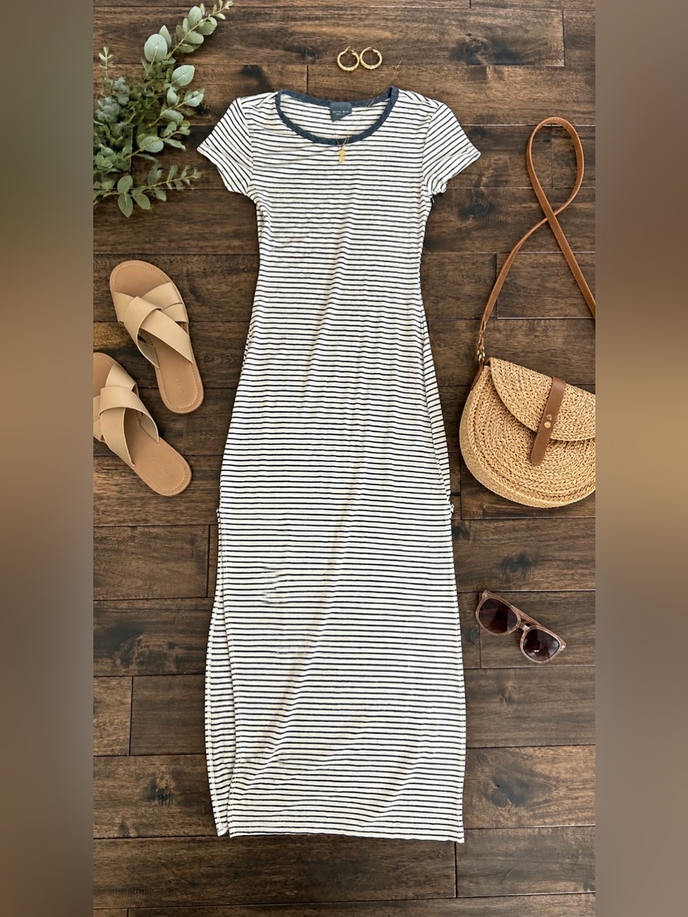Olivia Rae Striped Maxi Dress Small | Black & Cream Tee Dress Side Slit Casual